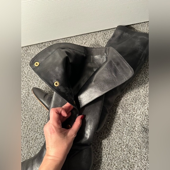 LOEFFLER RANDALL 8.5 Black Leather Low Wedge Knee Boots Gold Snaps R $595 - Picture 10 of 14